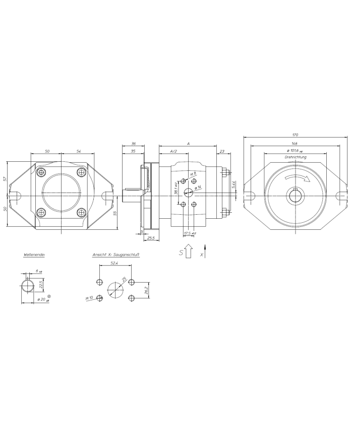 EIPH2 SAE-2-Lochflansch, Welle zylindrisch