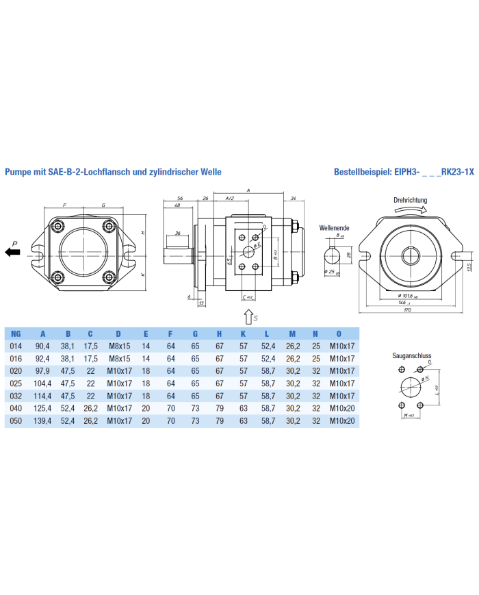 EIPH3 SAE-2-Lochflansch, Welle zylindrisch