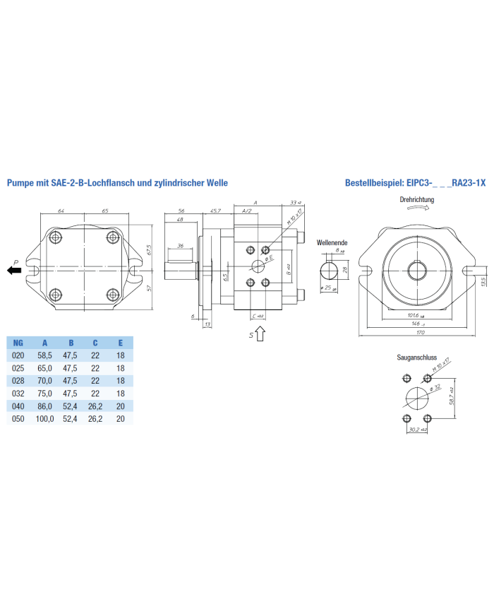 EIPC3 SAE-2-Lochflansch, Welle zylindrisch