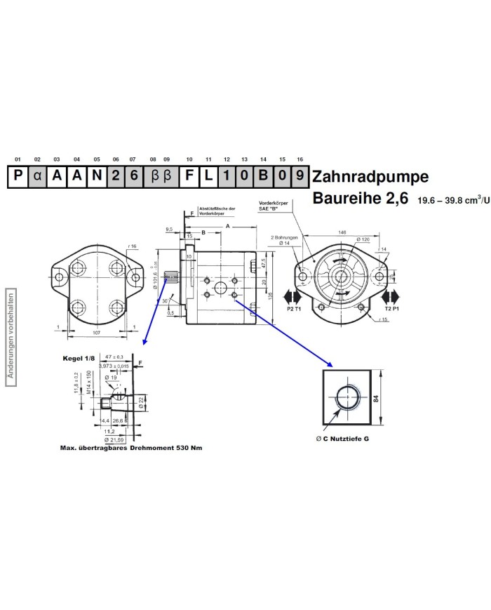 2-Lochfl. SAE B, Welle Kegel 1:8
