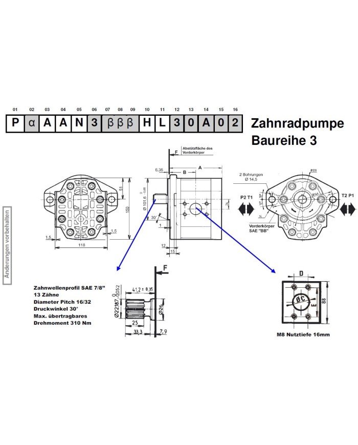 2-Lochfl. SAE B, Welle Zahnprofil SAE 13T 16/32