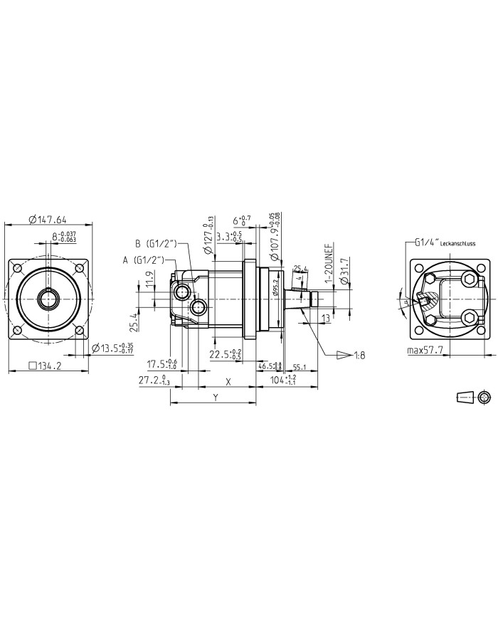 4-Lochfl. Wheel, 1-1/4" Welle konisch, 1/2" BSP Anschluss