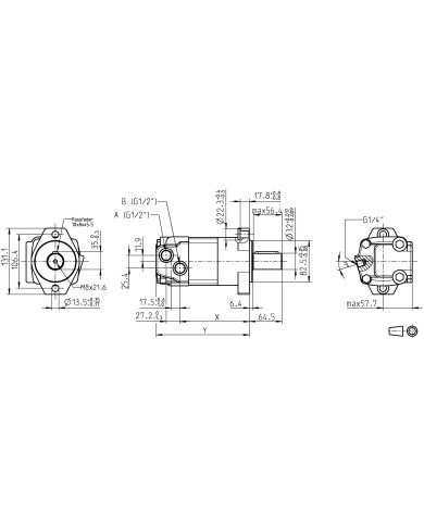 2-Lochflansch SAE A, 32mm Welle, 1/2" BSP Anschluss 
