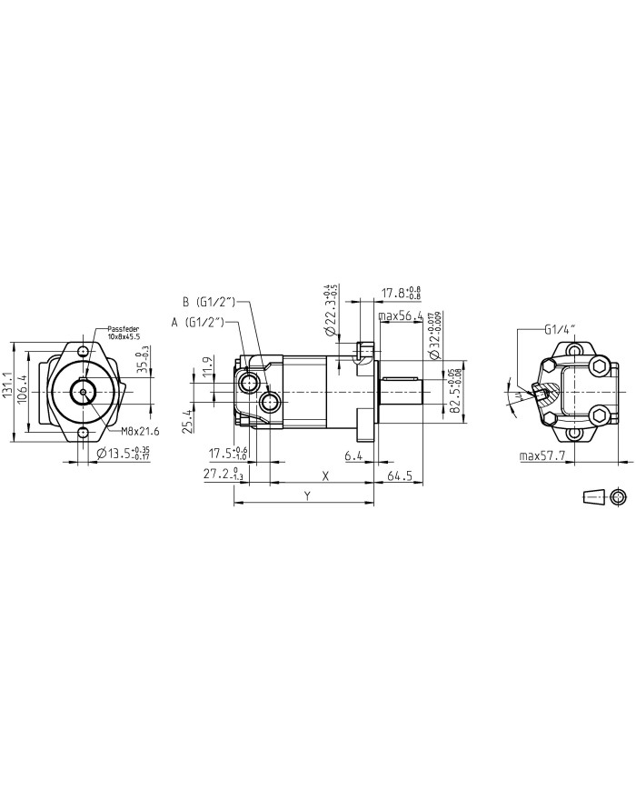 2-Lochflansch SAE A, 32mm Welle, 1/2" BSP Anschluss 