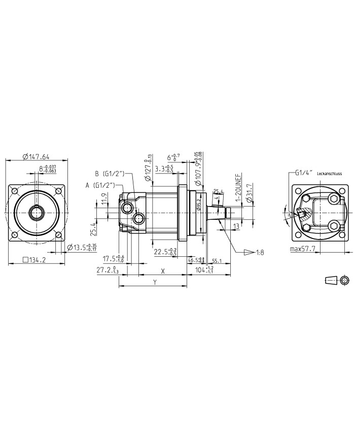 4-Lochfl. Wheel, 1-1/4" Welle konisch, 1/2" BSP Anschluss