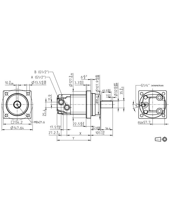 4-Lochfl. Wheel, 32mm Welle, 1/2" Anschluss